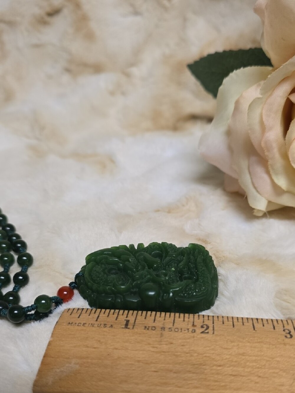 Faux Jade Dragon Pendant W/ Nephrite Jade Beaded Necklace - Picture 10 of 12
